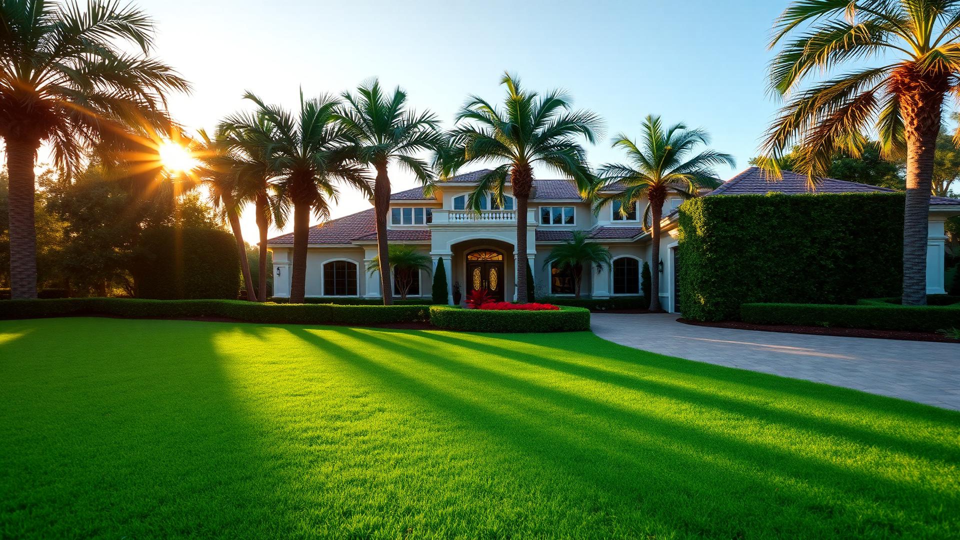 Luxury Florida landscape with manicured lawn and palms